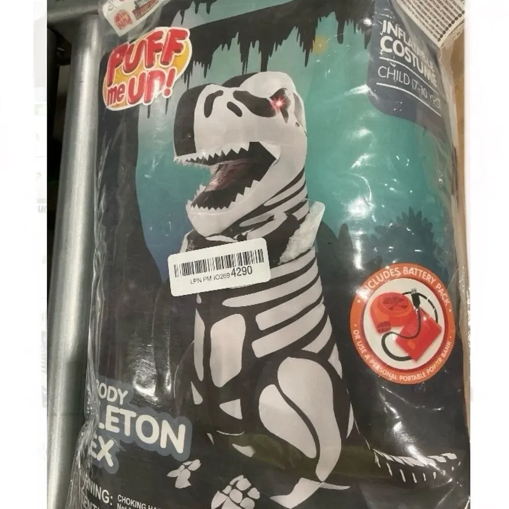 Kids Inflatable T Rex Skeleton Costume Light Up Eyes Blow Up Dinosaur Halloween